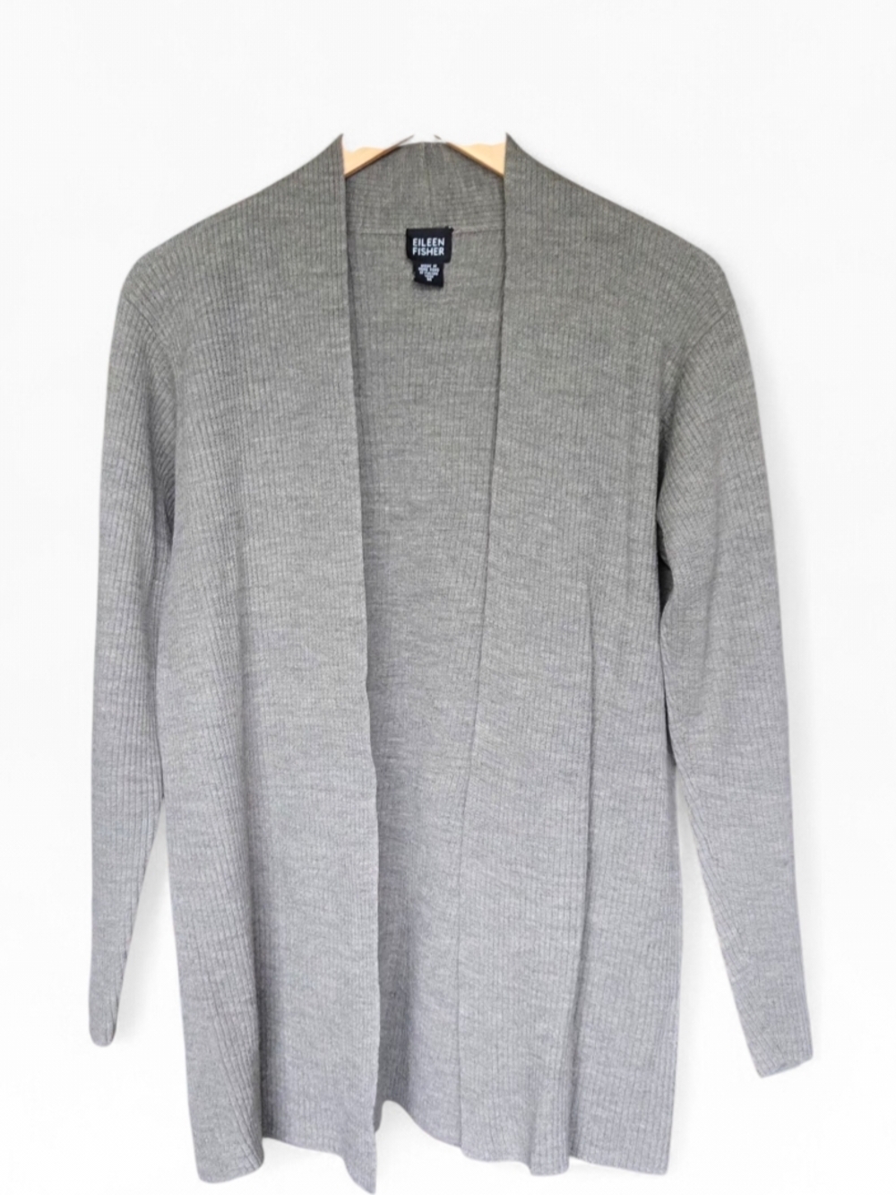 Eileen Fisher 100% Wool Ribbed Open Front Cardigan Gray Size M coastal,lagenlook